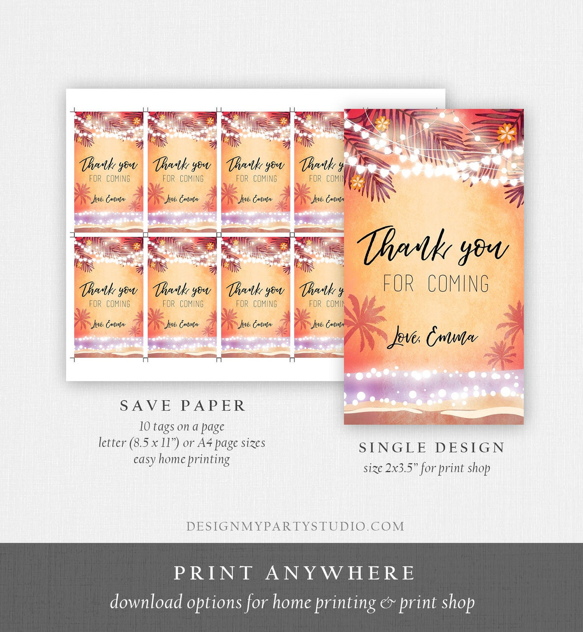 Editable Tropical Havana Favor Tags Thank You Tag Birthday Bridal Shower Cuban Sea Beach Dancing Party Palm Pink Orange Corjl Template 0287