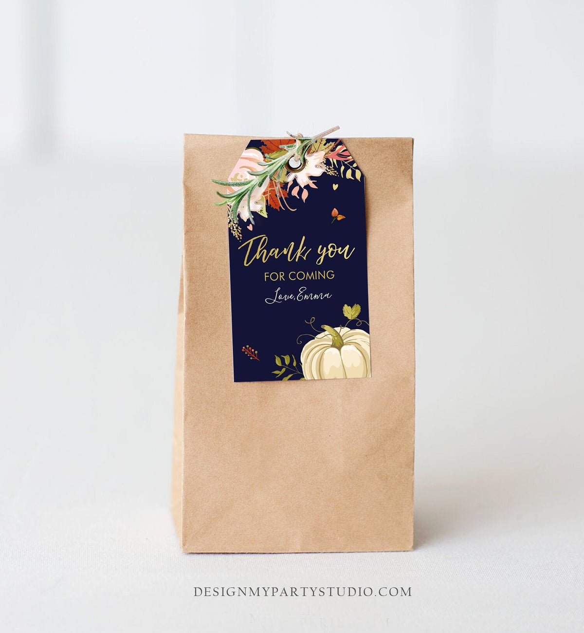 Editable Pumpkin Favor Tags Thank You Tag Fall In Love Bridal Shower Autumn Floral Flowers Pink Gold Rustic Navy Blue Corjl Template 0176