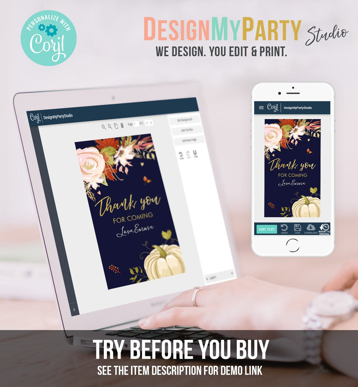 Editable Pumpkin Favor Tags Thank You Tag Fall In Love Bridal Shower Autumn Floral Flowers Pink Gold Rustic Navy Blue Corjl Template 0176