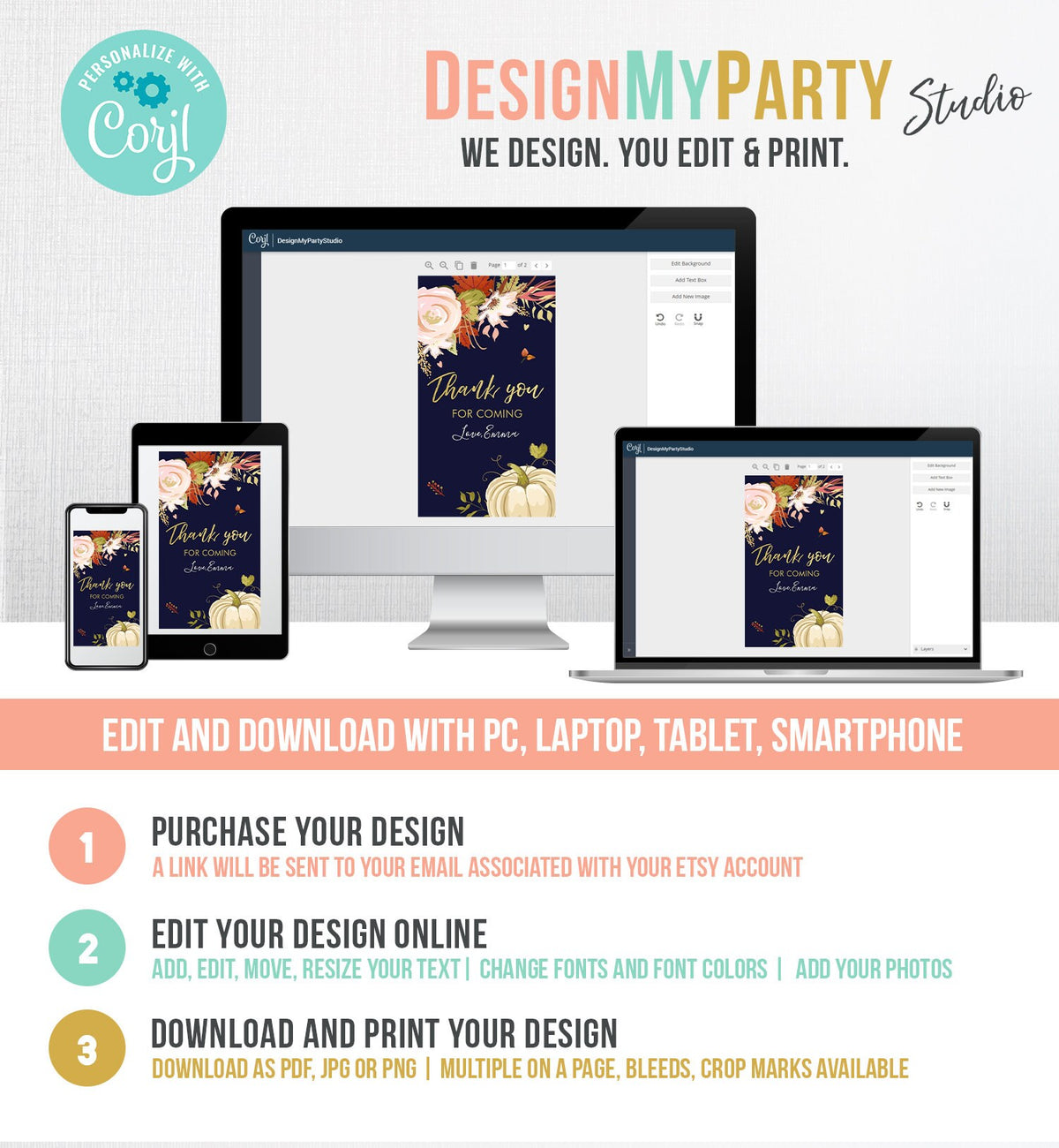 Editable Pumpkin Favor Tags Thank You Tag Fall In Love Bridal Shower Autumn Floral Flowers Pink Gold Rustic Navy Blue Corjl Template 0176