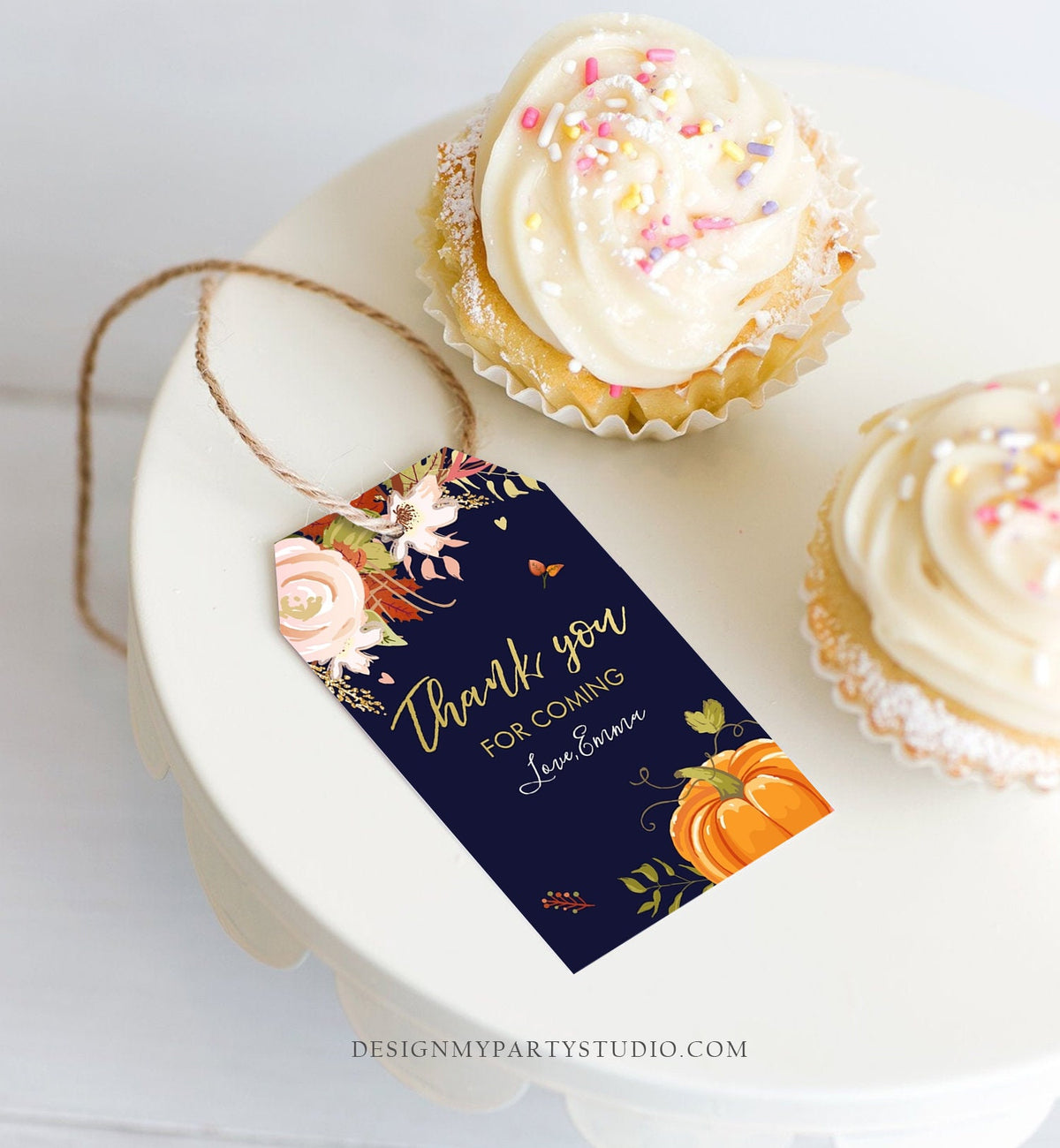 Editable Pumpkin Favor Tags Thank You Tag Fall In Love Bridal Shower Autumn Floral Flowers Pink Gold Rustic Navy Blue Corjl Template 0176