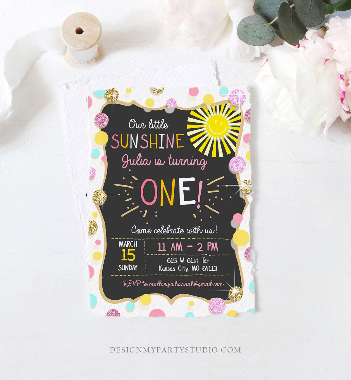 Editable Little Sunshine Birthday Invitation You are My Sunshine Lemonade Girl First Birthday Pink Gold 1st Corjl Template Printable 0097