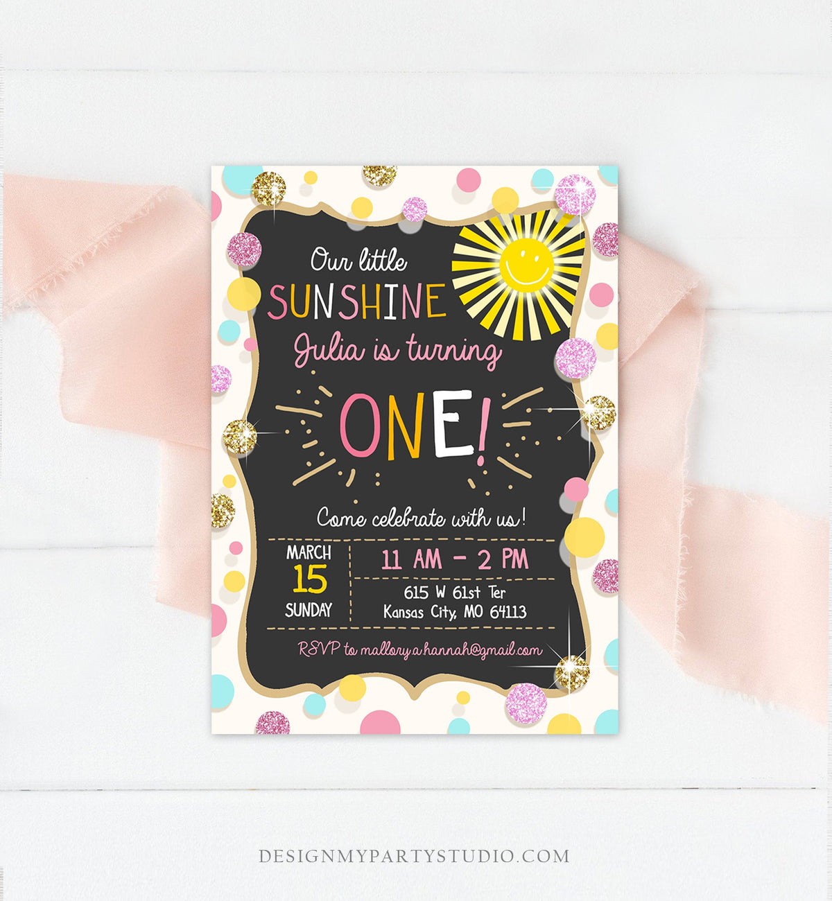 Editable Little Sunshine Birthday Invitation You are My Sunshine Lemonade Girl First Birthday Pink Gold 1st Corjl Template Printable 0097