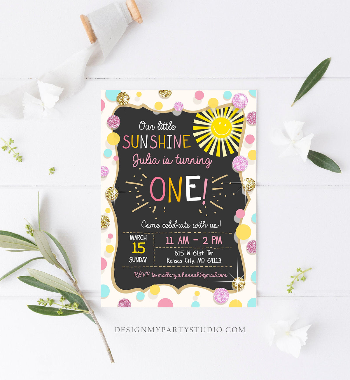 Editable Little Sunshine Birthday Invitation You are My Sunshine Lemonade Girl First Birthday Pink Gold 1st Corjl Template Printable 0097