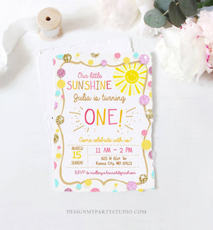 Editable Little Sunshine Birthday Invitation You are My Sunshine Lemonade Girl First Birthday Pink Gold 1st Corjl Template Printable 0097