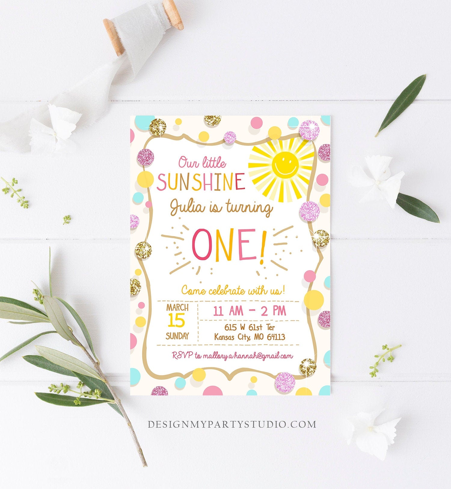 Editable Little Sunshine Birthday Invitation You are My Sunshine Lemonade Girl First Birthday Pink Gold 1st Corjl Template Printable 0097