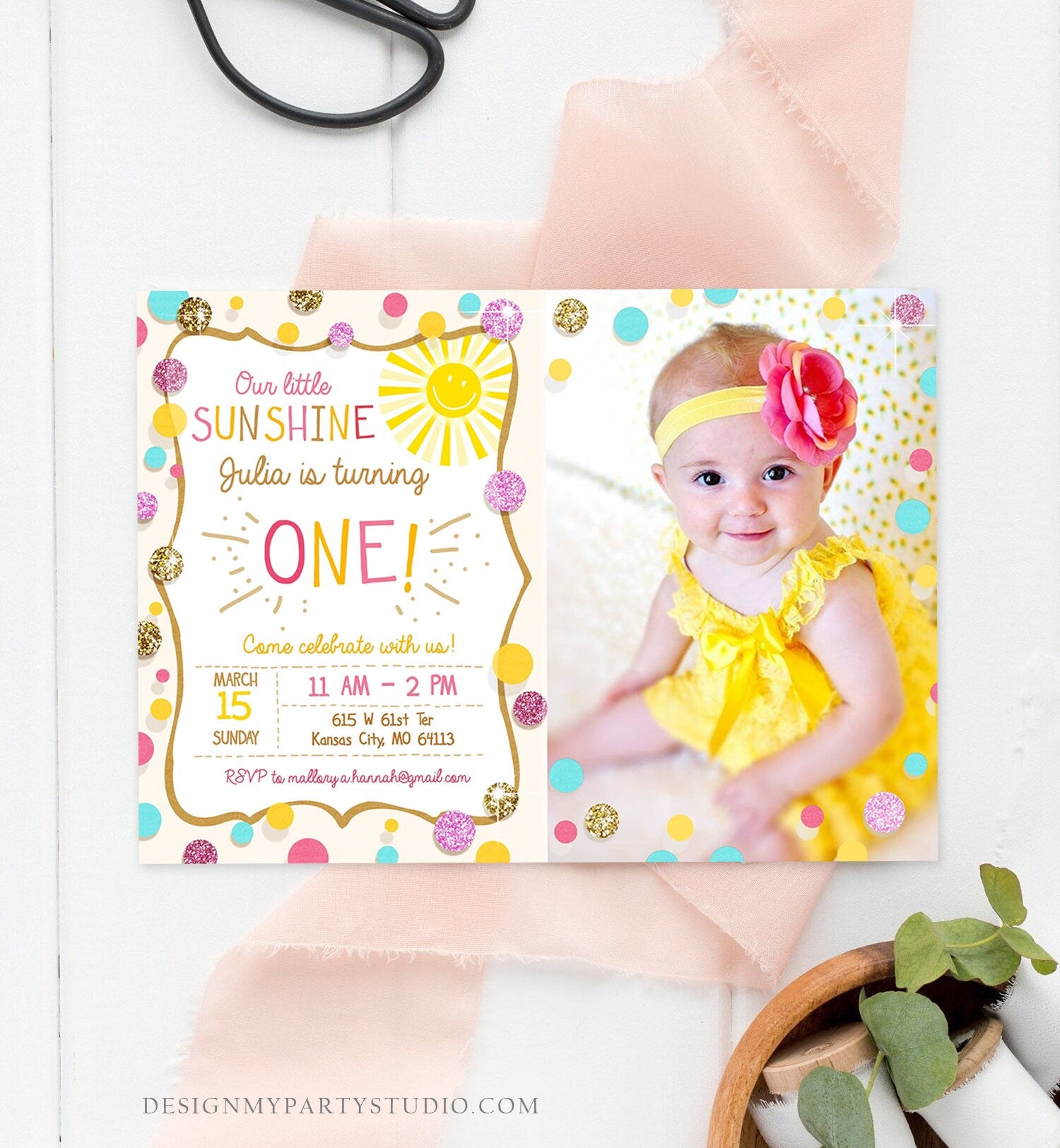 Editable Little Sunshine Birthday Invitation You are My Sunshine Lemonade Girl First Birthday Pink Gold 1st Corjl Template Printable 0097