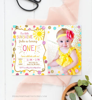 Editable Little Sunshine Birthday Invitation You are My Sunshine Lemonade Girl First Birthday Pink Gold 1st Corjl Template Printable 0097