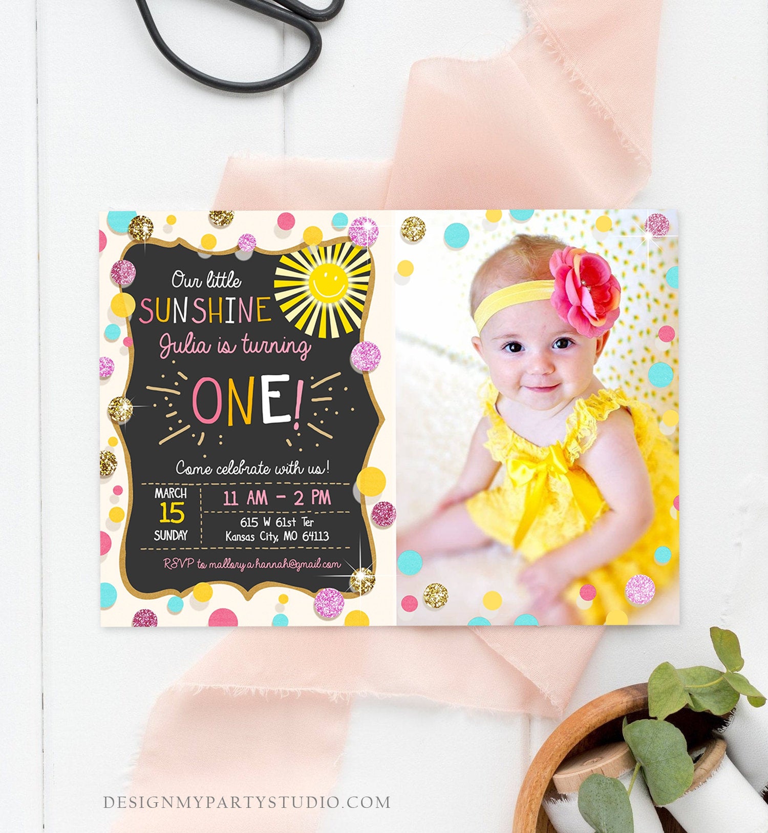 Editable Little Sunshine Birthday Invitation You are My Sunshine Lemonade Girl First Birthday Pink Gold 1st Corjl Template Printable 0097