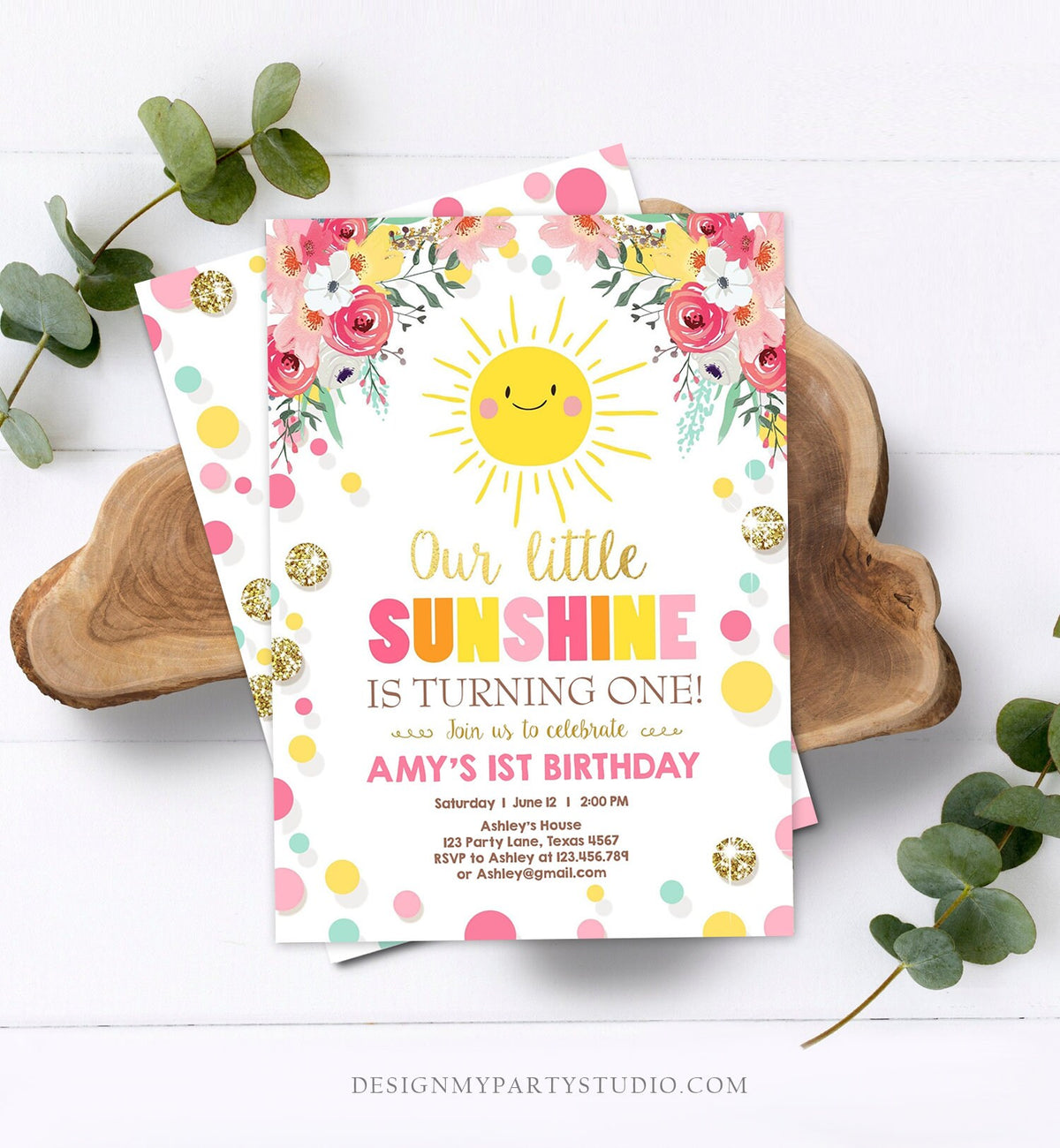 Editable Little Sunshine Birthday Invitation You are My Sunshine Lemonade Girl First Birthday Pink Gold 1st Corjl Template Printable 0244