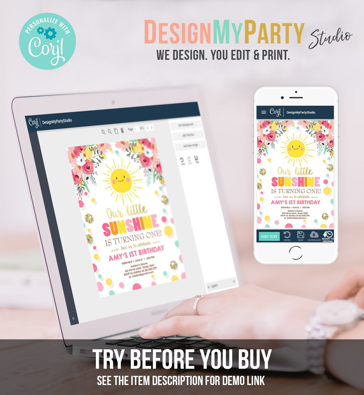 Editable Little Sunshine Birthday Invitation You are My Sunshine Lemonade Girl First Birthday Pink Gold 1st Corjl Template Printable 0244