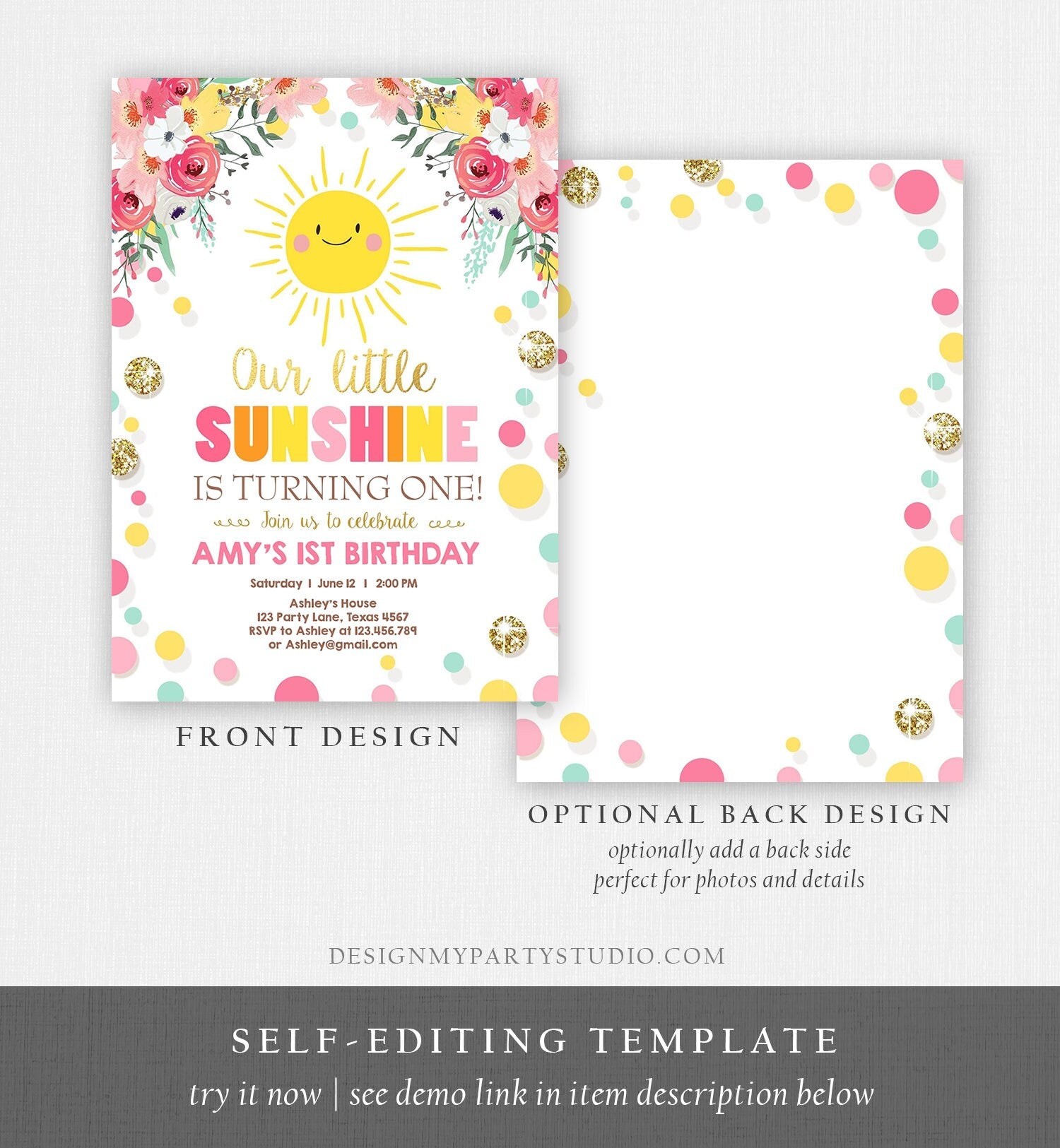 Editable Little Sunshine Birthday Invitation You are My Sunshine Lemonade Girl First Birthday Pink Gold 1st Corjl Template Printable 0244