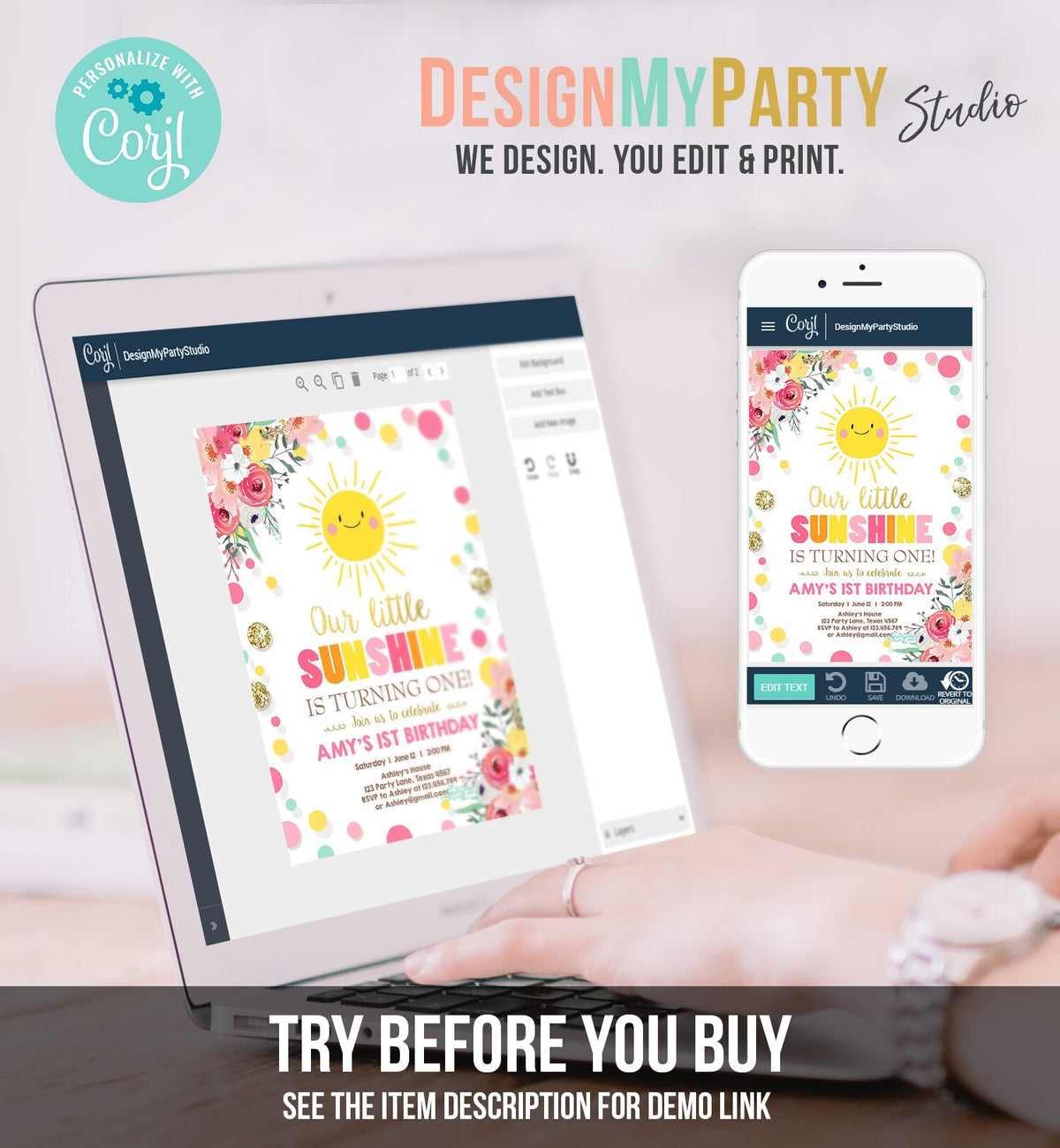 Editable Little Sunshine Birthday Invitation You are My Sunshine Lemonade Girl First Birthday Pink Gold 1st Corjl Template Printable 0244