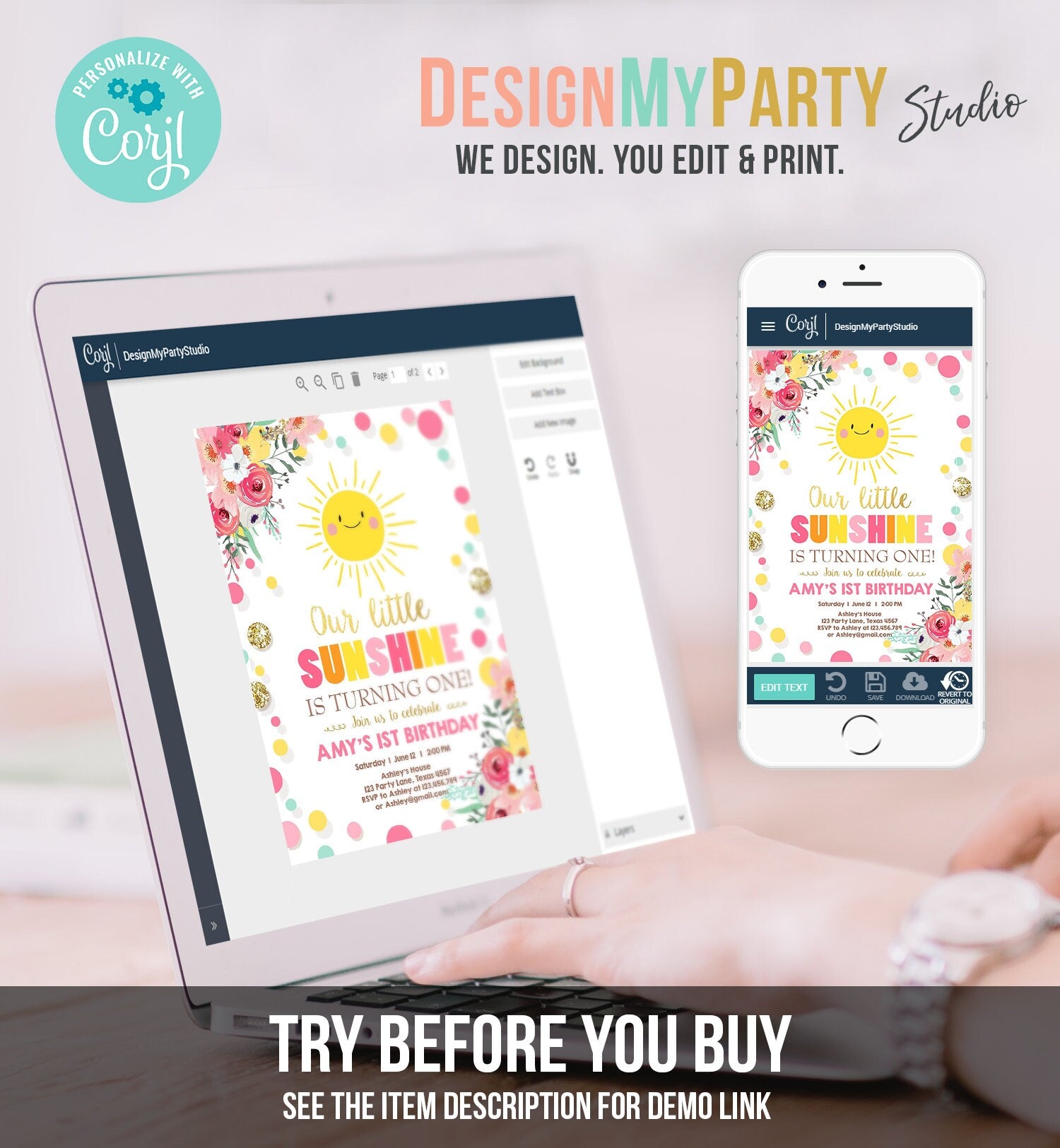 Editable Little Sunshine Birthday Invitation You are My Sunshine Lemonade Girl First Birthday Pink Gold 1st Corjl Template Printable 0244