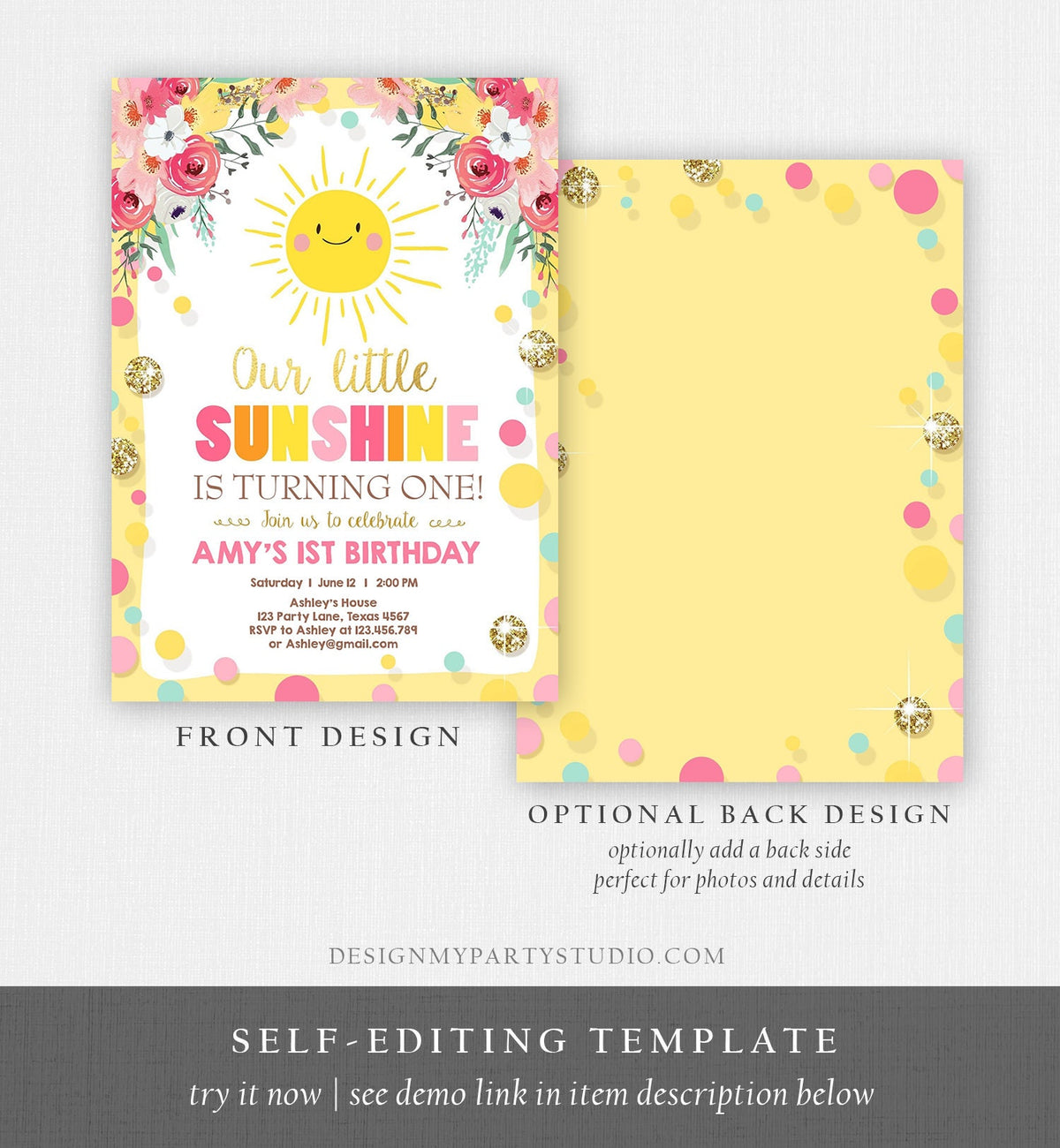 Editable Little Sunshine Birthday Invitation You are My Sunshine Lemonade Girl First Birthday Pink Gold 1st Corjl Template Printable 0244
