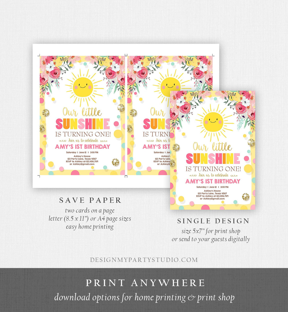 Editable Little Sunshine Birthday Invitation You are My Sunshine Lemonade Girl First Birthday Pink Gold 1st Corjl Template Printable 0244