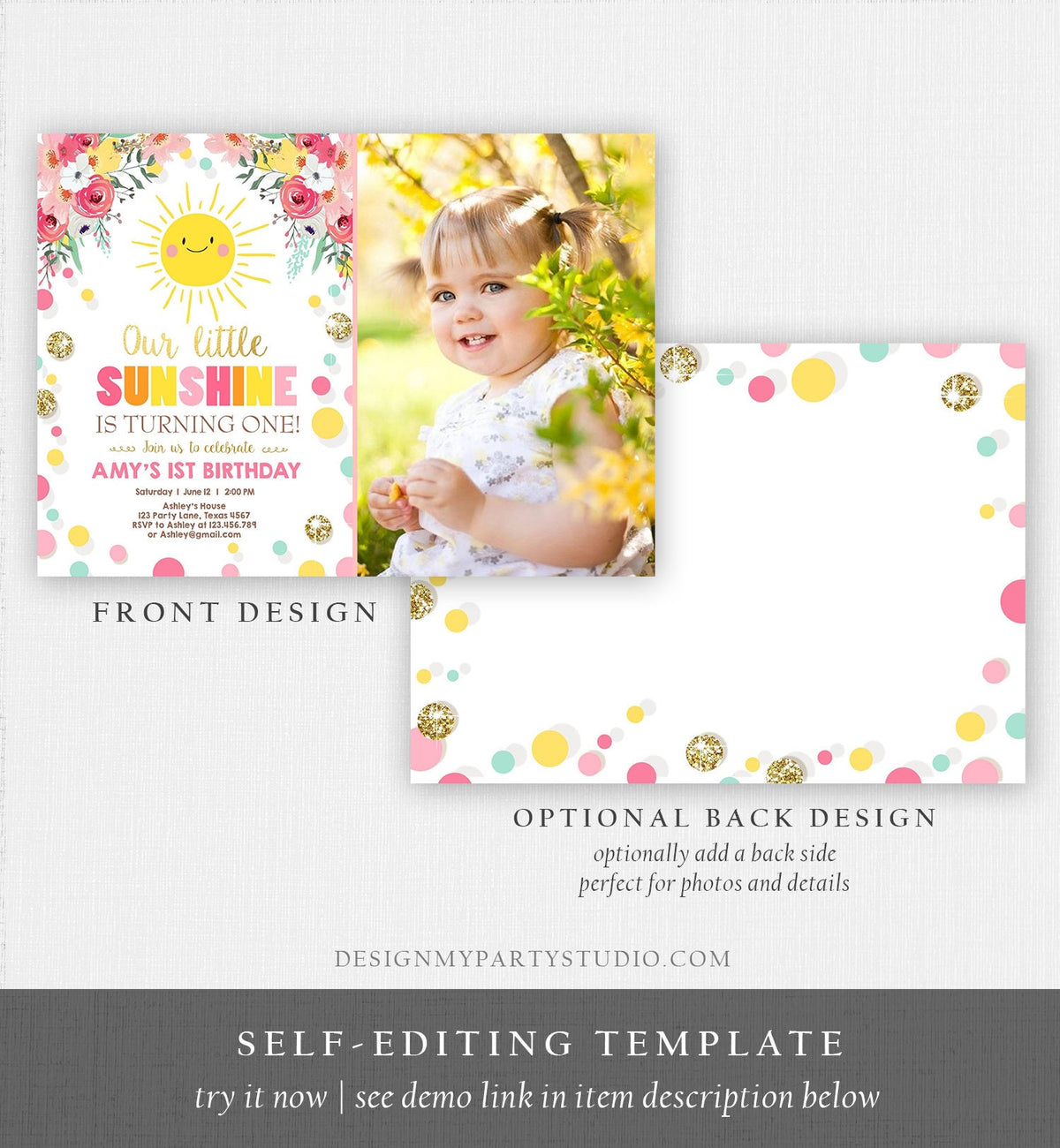 Editable Little Sunshine Birthday Invitation You are My Sunshine Lemonade Girl First Birthday Pink Gold 1st Corjl Template Printable 0244