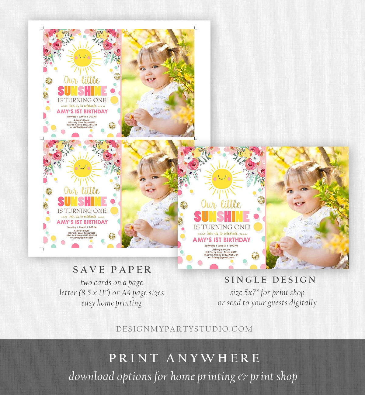 Editable Little Sunshine Birthday Invitation You are My Sunshine Lemonade Girl First Birthday Pink Gold 1st Corjl Template Printable 0244