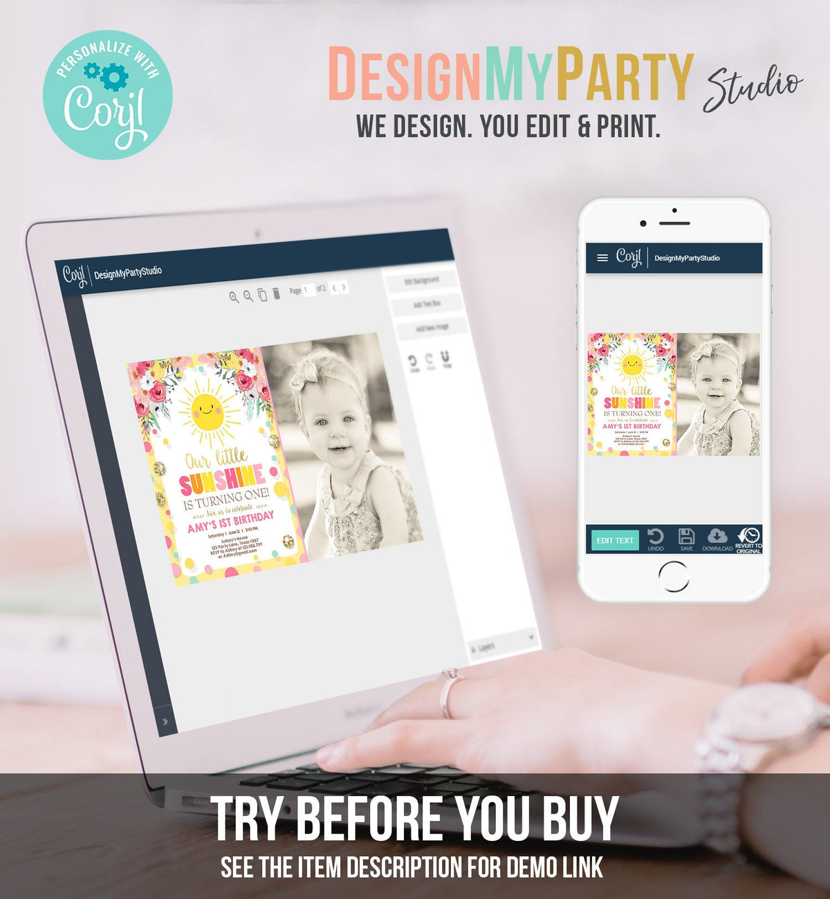 Editable Little Sunshine Birthday Invitation You are My Sunshine Lemonade Girl First Birthday Pink Gold 1st Corjl Template Printable 0244