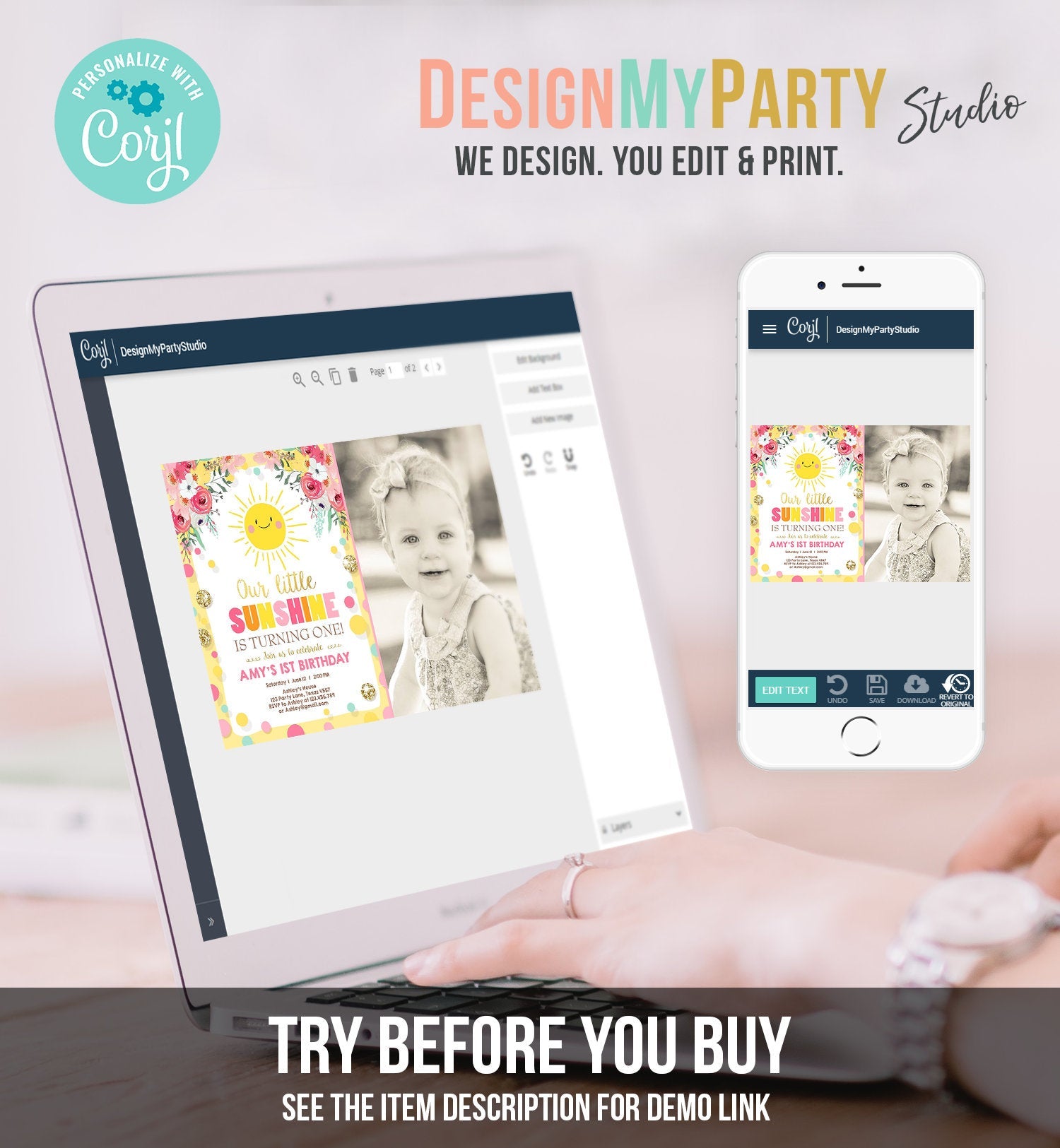 Editable Little Sunshine Birthday Invitation You are My Sunshine Lemonade Girl First Birthday Pink Gold 1st Corjl Template Printable 0244