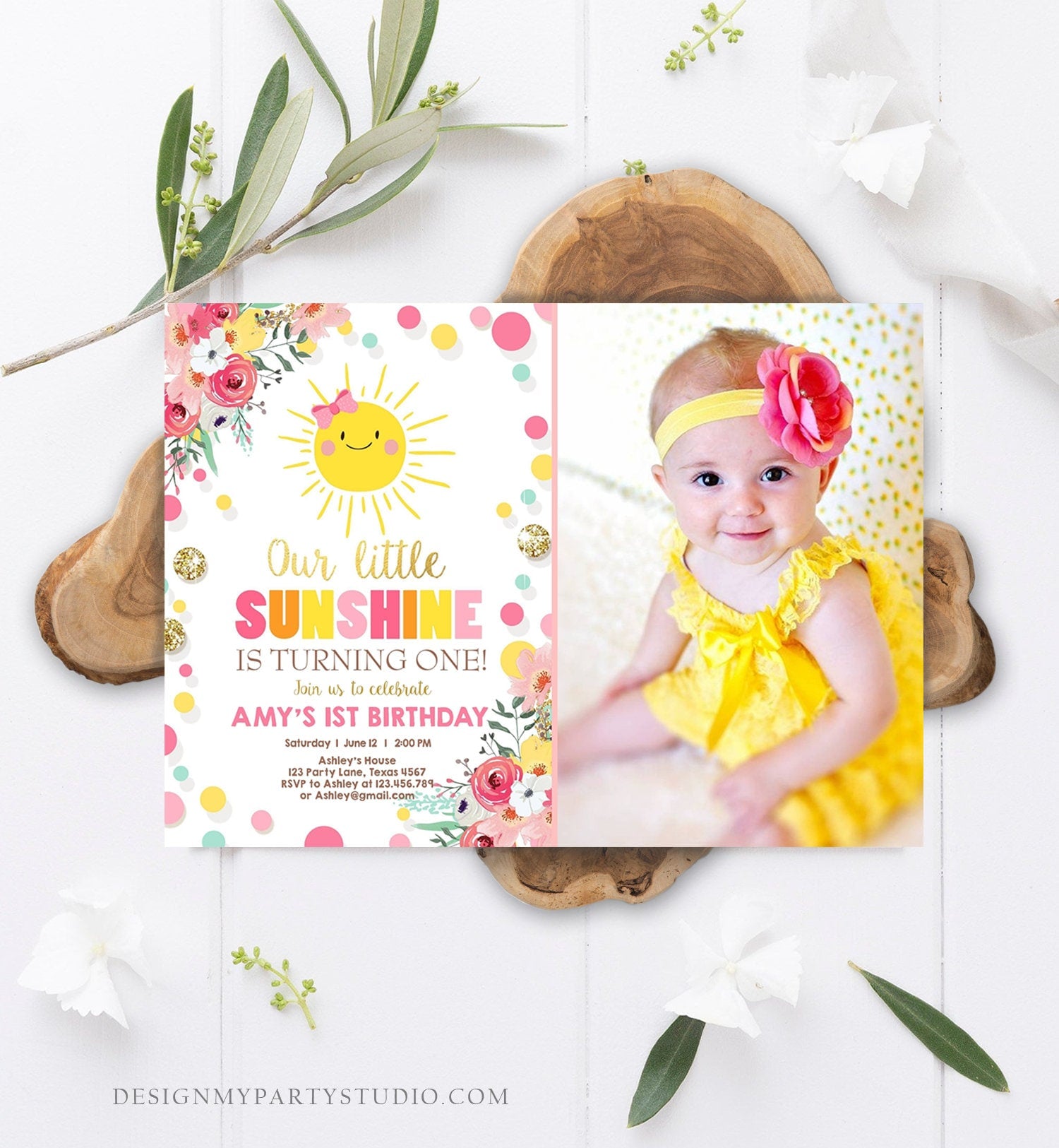 Editable Little Sunshine Birthday Invitation Bow You are My Sunshine Lemonade Girl First Birthday Pink Gold Corjl Template Printable 0244