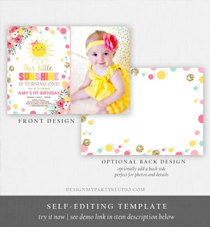 Editable Little Sunshine Birthday Invitation Bow You are My Sunshine Lemonade Girl First Birthday Pink Gold Corjl Template Printable 0244