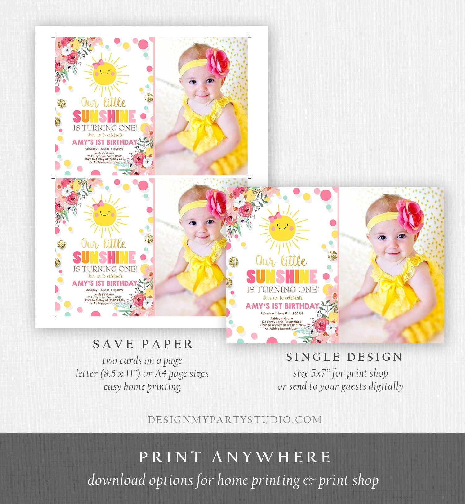 Editable Little Sunshine Birthday Invitation Bow You are My Sunshine Lemonade Girl First Birthday Pink Gold Corjl Template Printable 0244