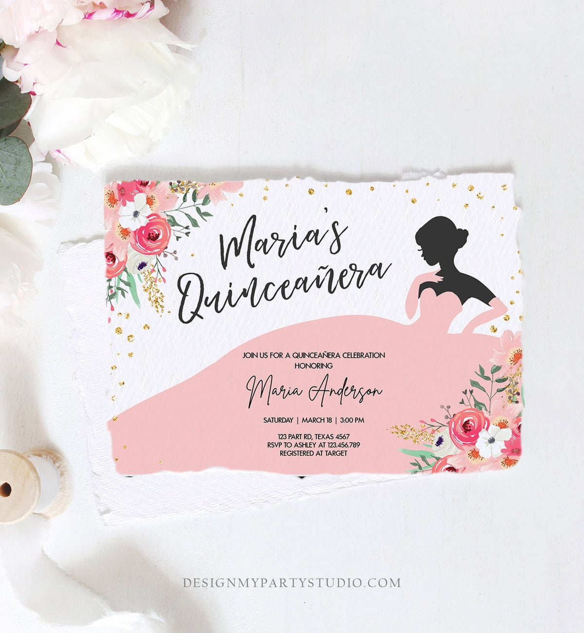 Editable Quinceañera Birthday Party Invitation Ball Fiesta Gown Floral Blush Pink Gold Confetti Flowers Printable Template Corjl 0030