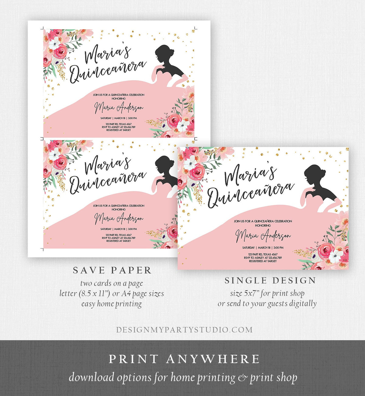 Editable Quinceañera Birthday Party Invitation Ball Fiesta Gown Floral Blush Pink Gold Confetti Flowers Printable Template Corjl 0030