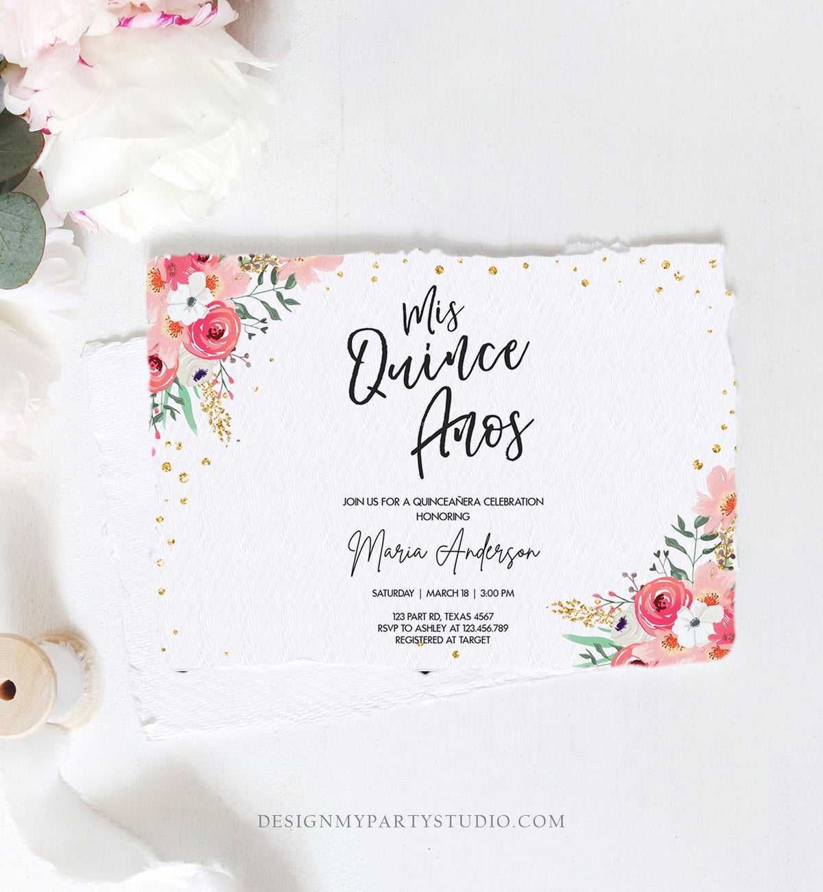 Editable Quinceañera Mis Quince Años Birthday Party Invitation Floral Blush Pink Gold Confetti Flowers Printable Template Corjl 0030 0318