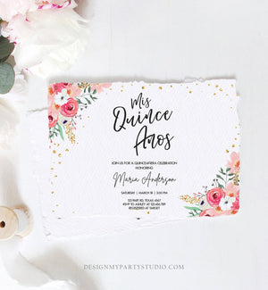 Editable Quinceañera Mis Quince Años Birthday Party Invitation Floral Blush Pink Gold Confetti Flowers Printable Template Corjl 0030 0318
