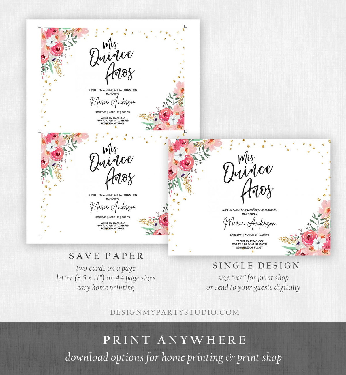Editable Quinceañera Mis Quince Años Birthday Party Invitation Floral Blush Pink Gold Confetti Flowers Printable Template Corjl 0030 0318
