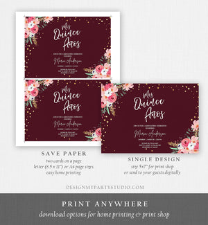 Editable Quinceañera Mis Quince Años Birthday Party Invitation Floral Blush Pink Gold Burgundy Confetti Flowers Template Corjl 0030