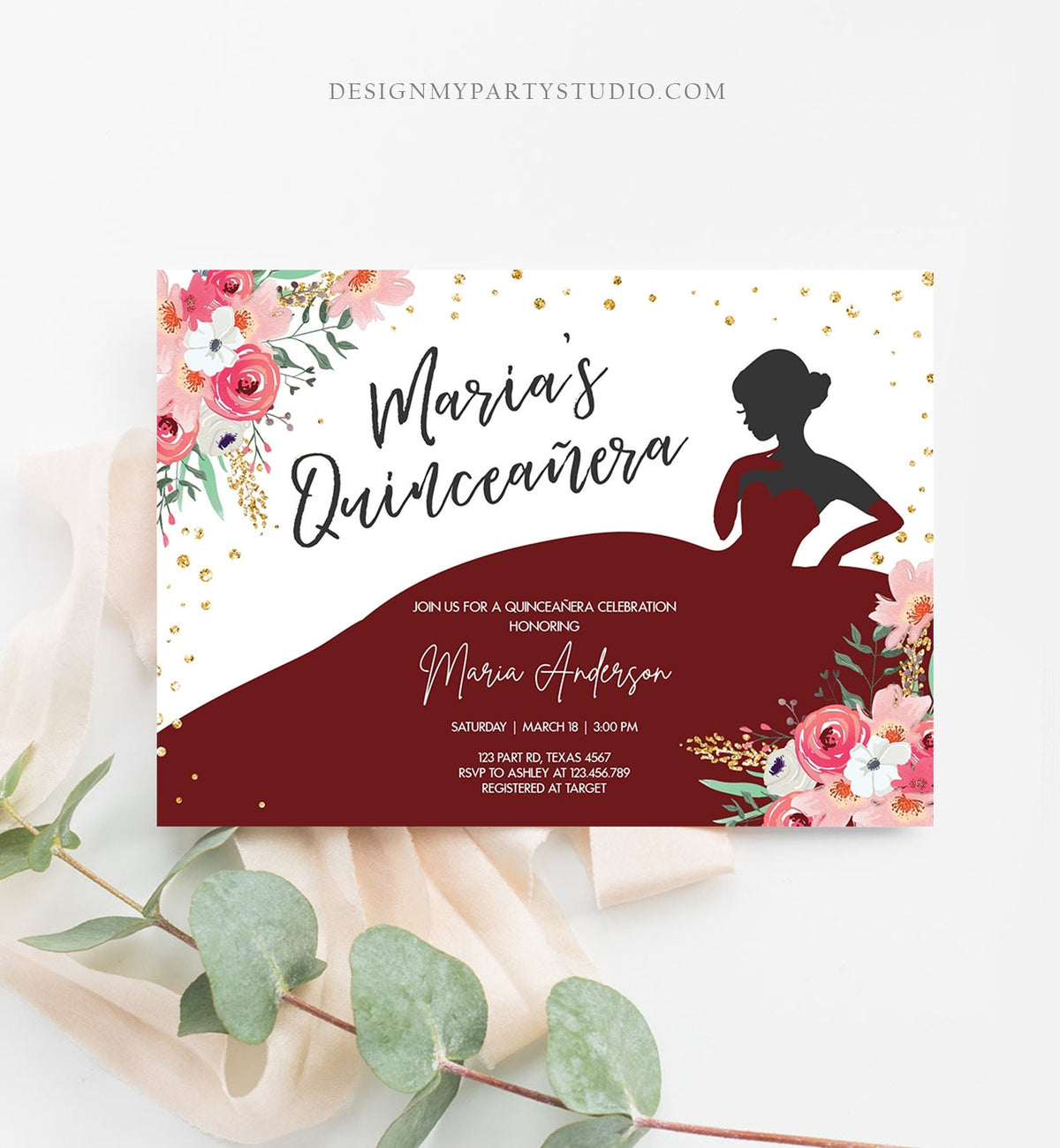 Editable Quinceañera Birthday Party Invitation Ball Fiesta Gown Floral Pink Burgundy Gold Confetti Flowers Printable Template Corjl 0030