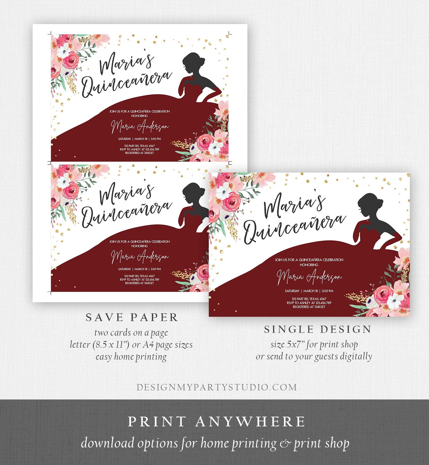Editable Quinceañera Birthday Party Invitation Ball Fiesta Gown Floral Pink Burgundy Gold Confetti Flowers Printable Template Corjl 0030