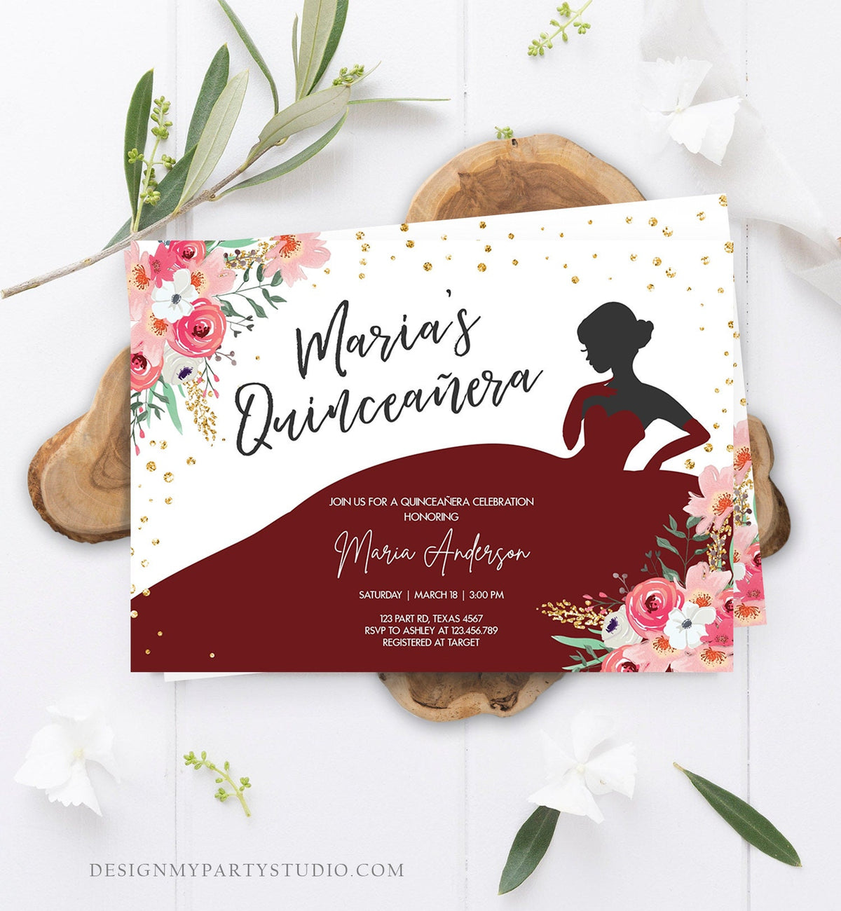 Editable Quinceañera Birthday Party Invitation Ball Fiesta Gown Floral Pink Burgundy Gold Confetti Flowers Printable Template Corjl 0030