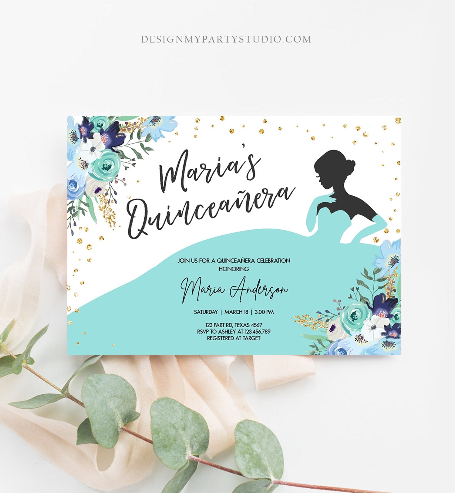 Editable Quinceañera Birthday Party Invitation Ball Fiesta Gown Floral Blue Teal Gold Confetti Flowers Printable Template Corjl 0030