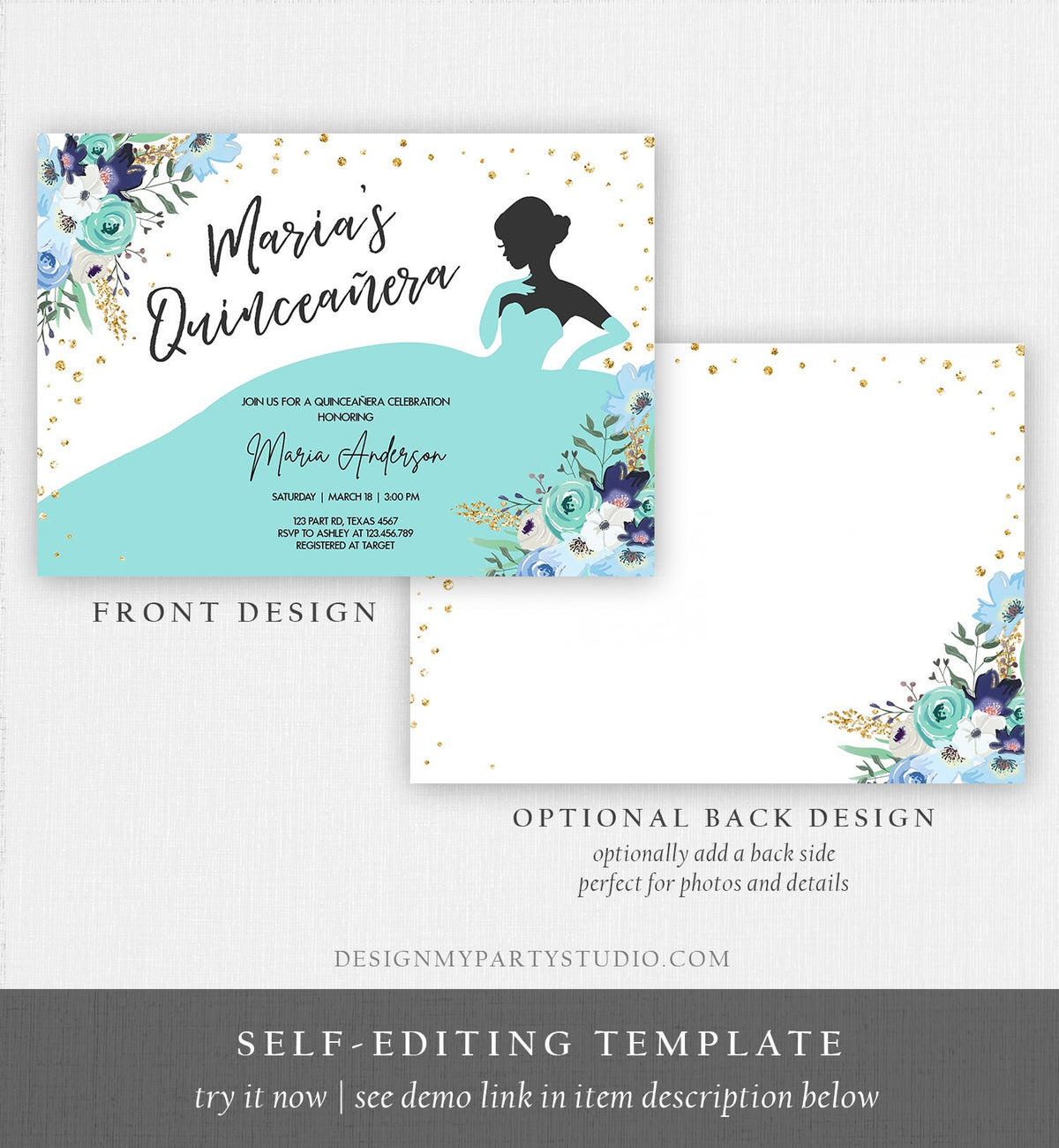 Editable Quinceañera Birthday Party Invitation Ball Fiesta Gown Floral Blue Teal Gold Confetti Flowers Printable Template Corjl 0030
