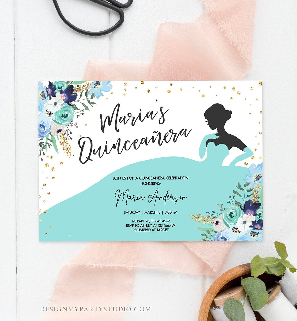Editable Quinceañera Birthday Party Invitation Ball Fiesta Gown Floral Blue Teal Gold Confetti Flowers Printable Template Corjl 0030