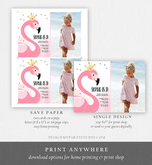 Editable Flamingo Birthday Invitation Tropical Party Invite Girls Summer Pink Gold Crown Instant Download Printable Template Corjl 0019