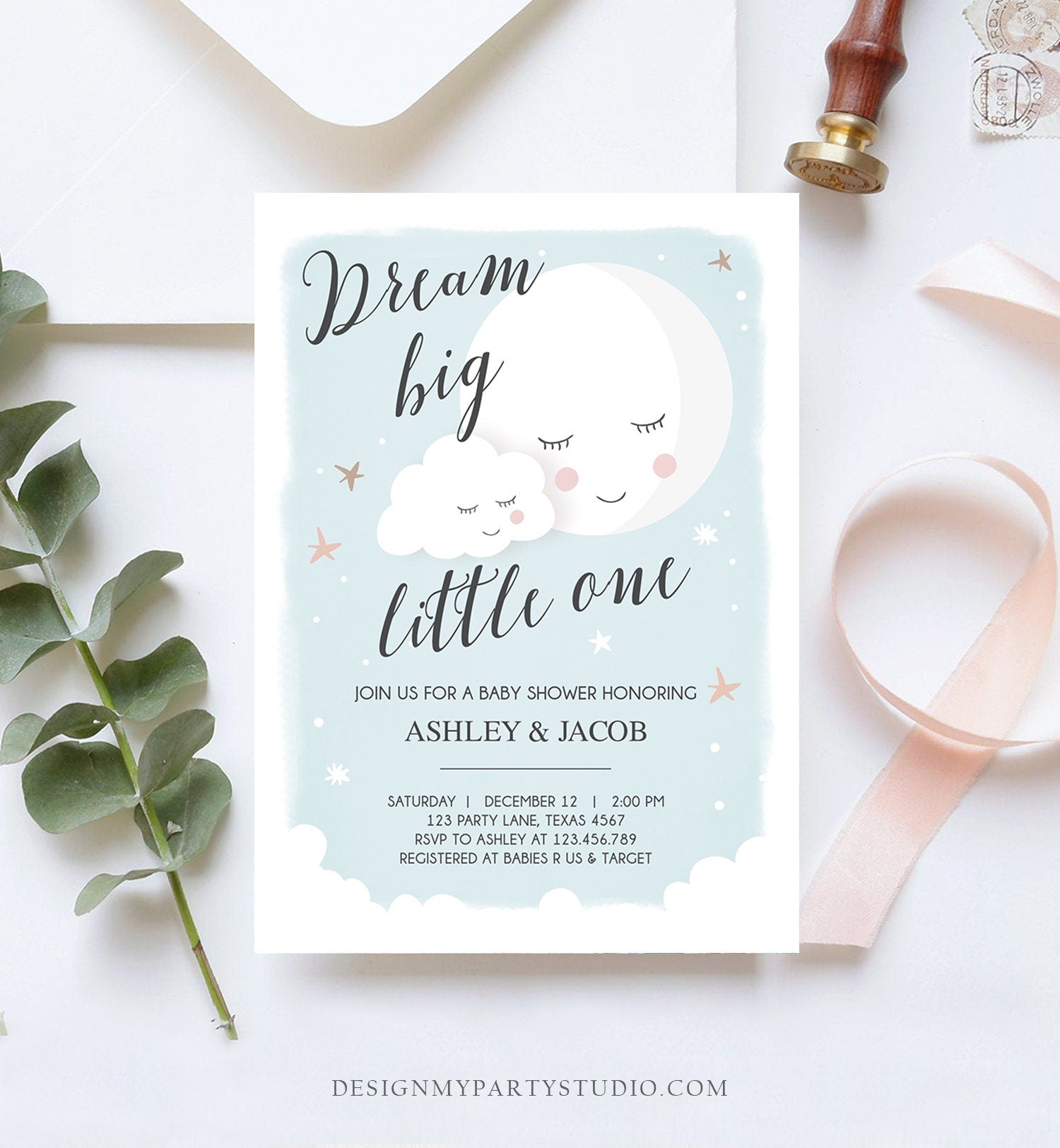 Editable Dream Big Little One Baby Shower Invitation Stars Moon and Back Invites Blue Boy Baby Shower Sprinkle Template Download Corjl 0113