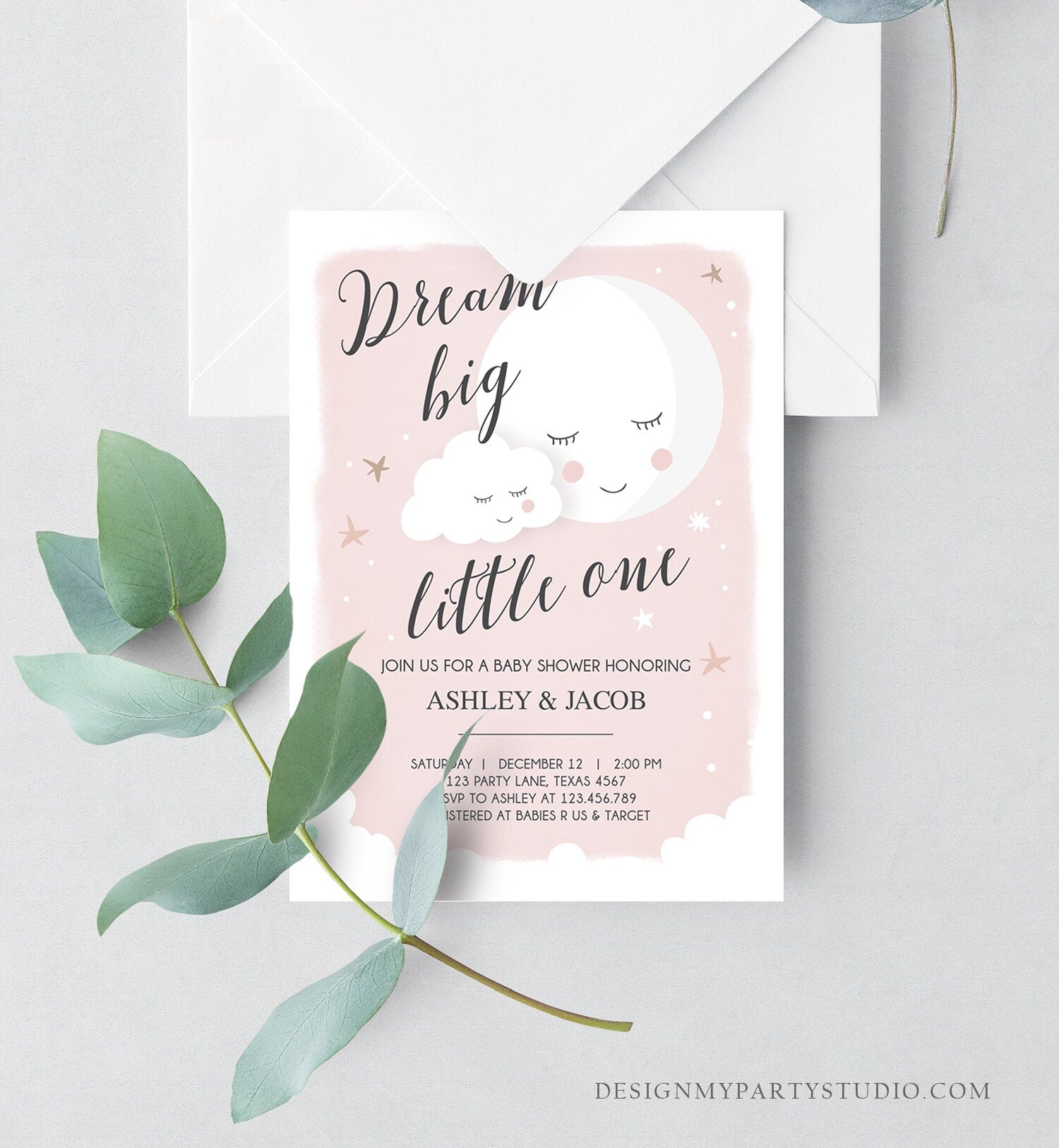 Editable Dream Big Little One Baby Shower Invitation Stars Moon and Back Invites Pink Girl Baby Shower Sprinkle Template Download Corjl 0113