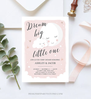 Editable Dream Big Little One Baby Shower Invitation Stars Moon and Back Invites Pink Girl Baby Shower Sprinkle Template Download Corjl 0113
