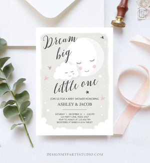Editable Dream Big Little One Baby Shower Invitation Stars Moon and Back Invites Gender Neutral Birthday Template Download Corjl 0113
