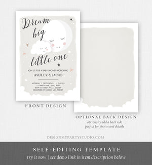 Editable Dream Big Little One Baby Shower Invitation Stars Moon and Back Invites Gender Neutral Birthday Template Download Corjl 0113
