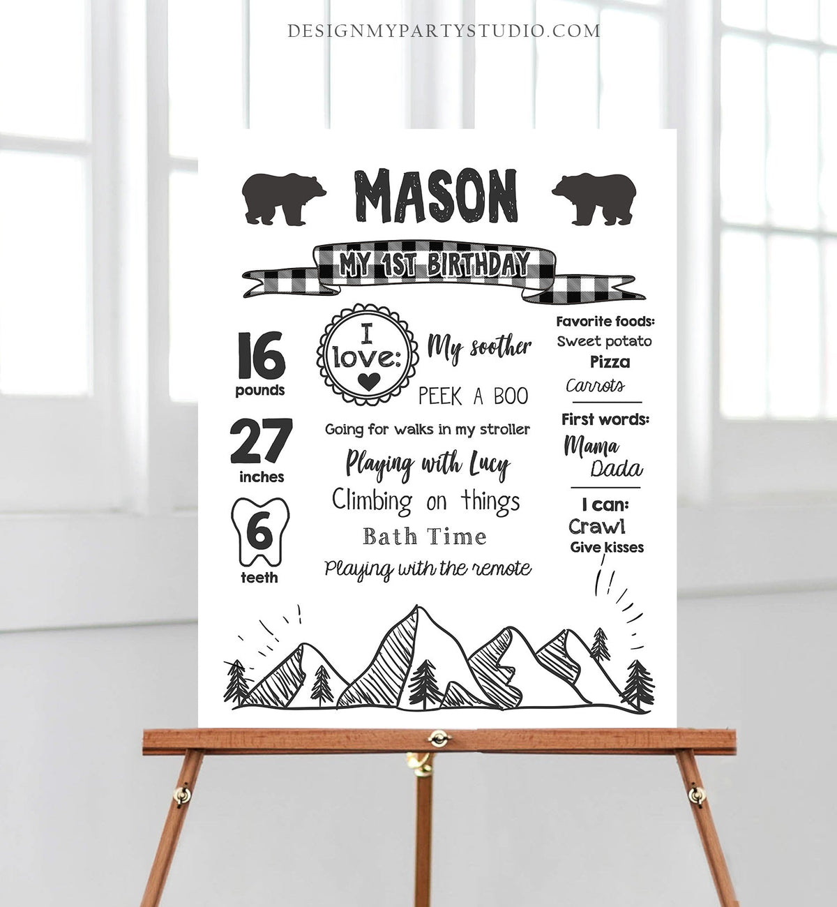 Editable Lumberjack Birthday Milestones Sign Mountains Bears Trees Woodland Boy Black Plaid First Birthday 1st Corjl Template Printable 0377