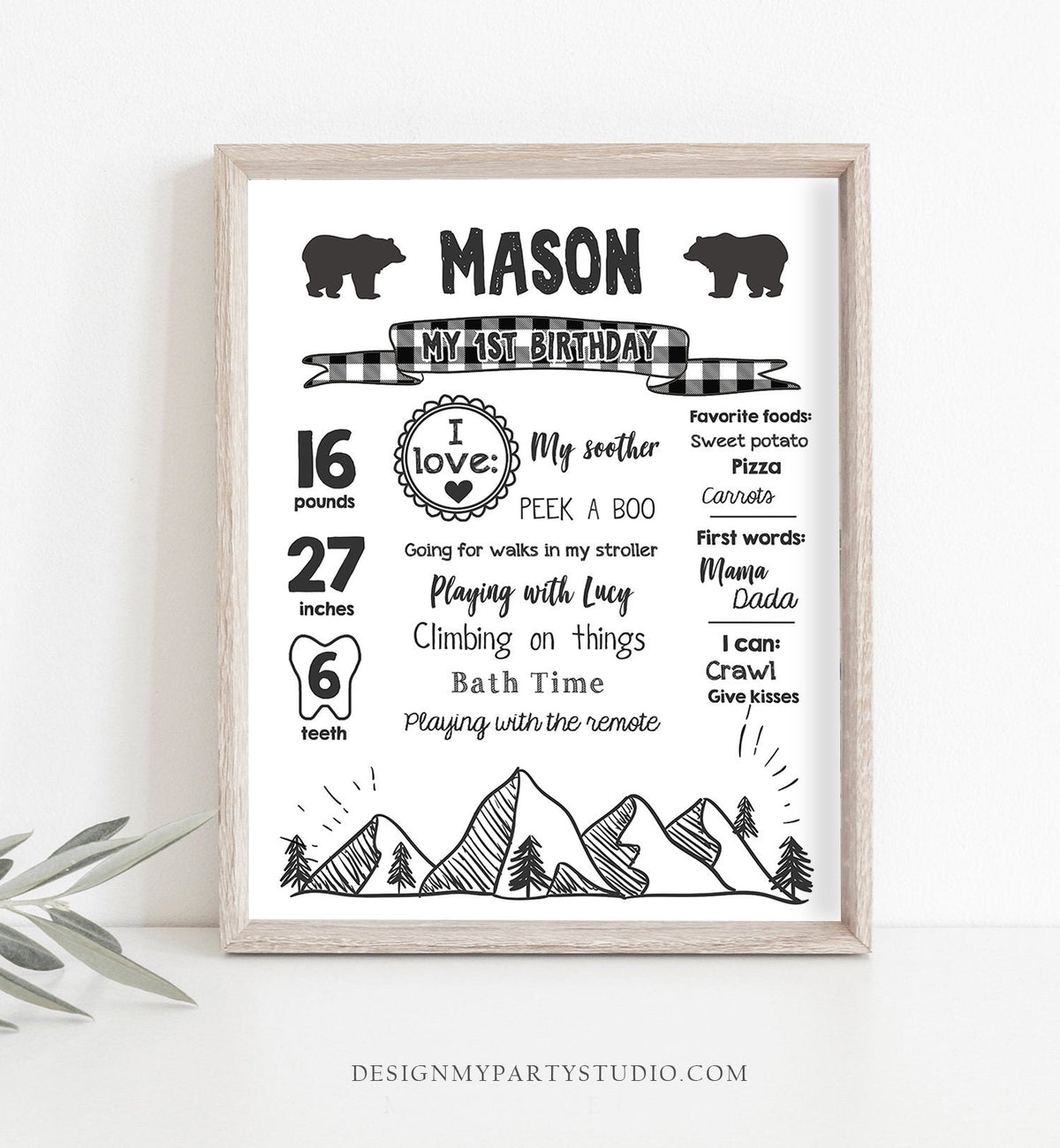 Editable Lumberjack Birthday Milestones Sign Mountains Bears Trees Woodland Boy Black Plaid First Birthday 1st Corjl Template Printable 0377
