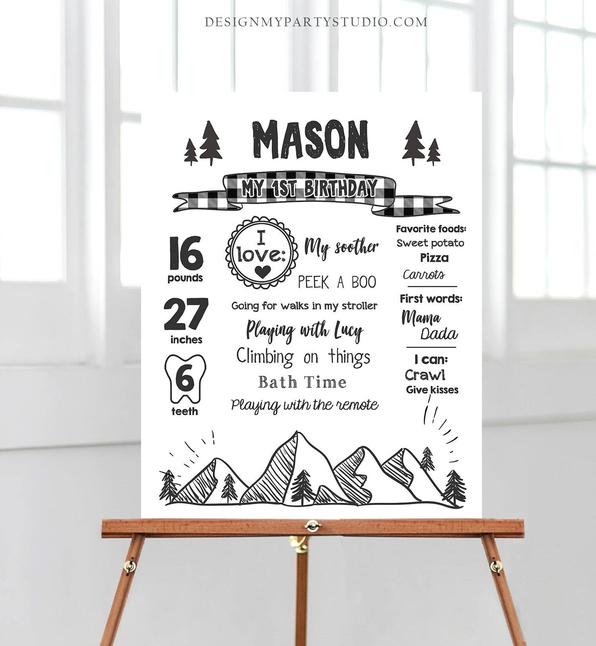 Editable Lumberjack Birthday Milestones Sign Mountains Bears Trees Woodland Boy Black Plaid First Birthday 1st Corjl Template Printable 0377