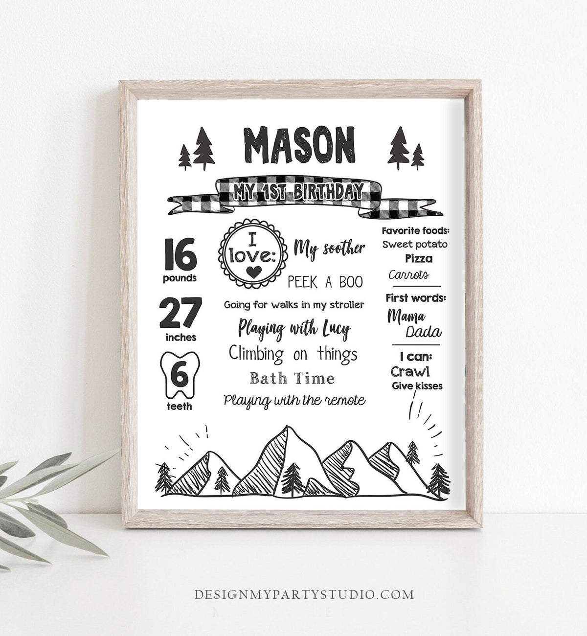 Editable Lumberjack Birthday Milestones Sign Mountains Bears Trees Woodland Boy Black Plaid First Birthday 1st Corjl Template Printable 0377