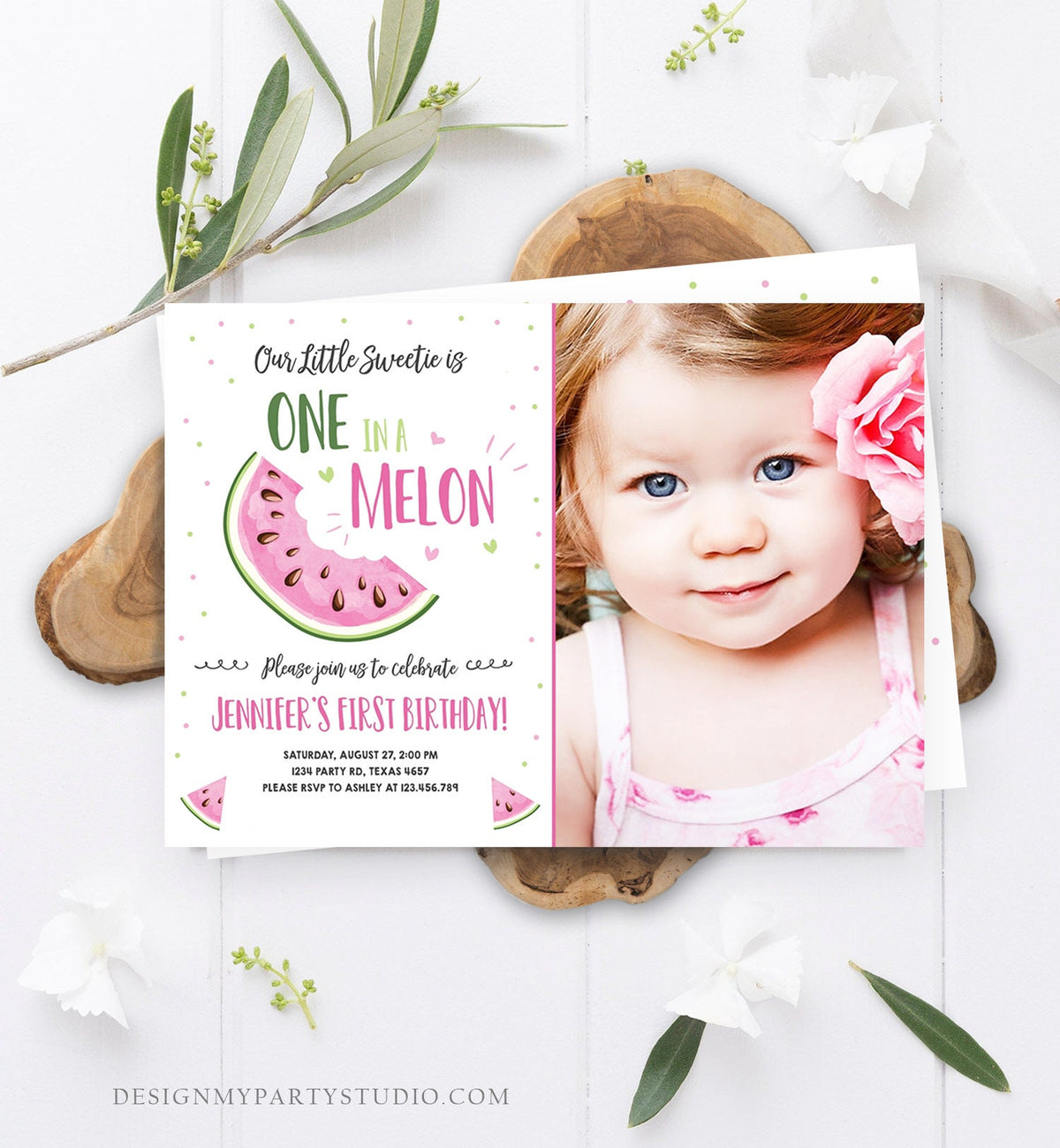 Editable Watermelon Birthday Invitation Girl Pink Red One in a Melon Party Summer Fruit First Birthday 1st Corjl Template Printable 0326